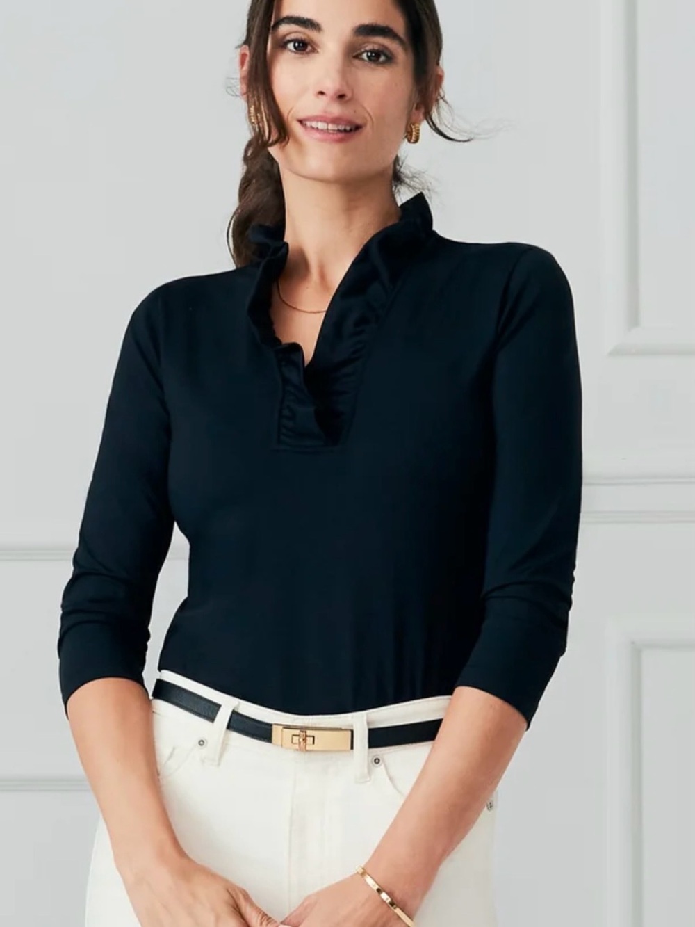 J. McLaughlin green Ruffled V-Neck Long Sleeve Top